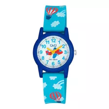 Relógio Infantil Para Meninos Q&q Vr99j018y, Pulseira De Balão De Avião, Cor Azul, Moldura, Cor De Fundo Marinho, Cor Branca