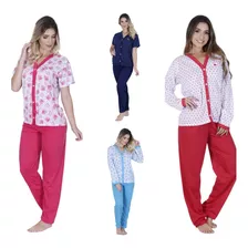 Kit 2 Pijama Longo +2 Calça E Blusa Manga Curta Botão Aberto