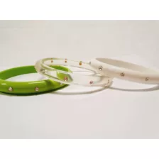 Bracelete Pulseira Acrilico Stras Kit 3pç Verde E Branco