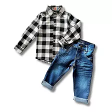 Conjunto Infantil Masculino Camisa Xadrez+calça Jeans Escura