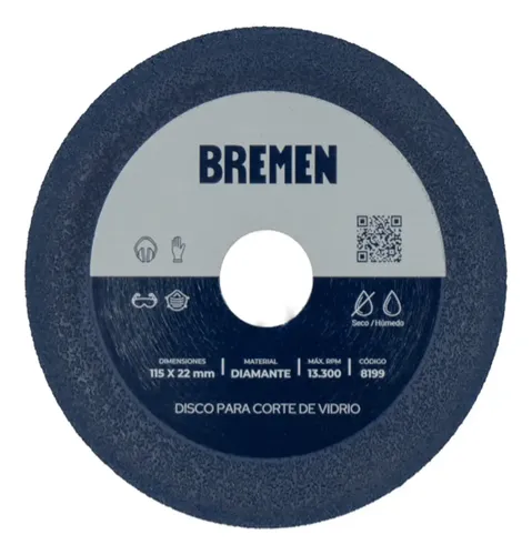 Disco De Corte Para Vidrio 115 Mm Amoladora Bremen 8199 Color Azul