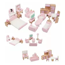 Set De Muebles De Madera Para Casa Muñecas 22 Piezas Juego Color Rosa