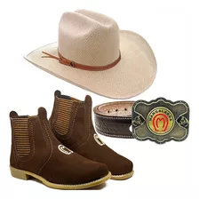 Kit Chapeu Juta Americano + Botina Cowboy Mangalarga + Cinto