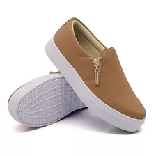 Tênis Feminino Slip On Menina Zíper Lateral Dk Branco Jeans 