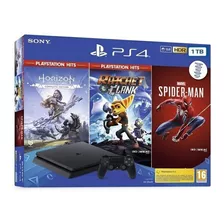 Sony Playstation 4 Slim 1tb Mega Pack: Marvel's Spider-man/horizon Zero Dawn Complete Edition/ratchet & Clank Cor Preto-azeviche