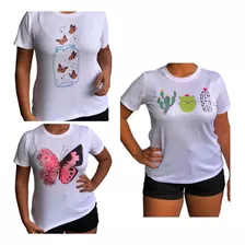 Kit Três Blusas T-shirt Feminina