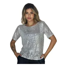 Blusa Feminina Paetê Manga Curta Soltinha T-shirt Brilho