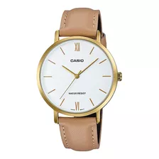 Reloj Pulsera Casio Dress Ltp-vt01 De Cuerpo Color Dorado, Analógico, Para Mujer, Fondo Blanco, Con Correa De Cuero Color Marrón Claro, Agujas Color Dorado, Dial Dorado, Bisel Color Dorado Y Hebilla S