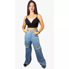 Calça Jeans Feminina Wide Leg Cintura Alta Com Rasgo