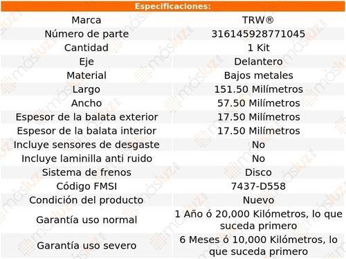 Balatas Bajos Metales Delanteras Bmw 325is 92/95 Trw Foto 2