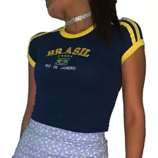 Camisa Brasil Bordada Babylook Feminina