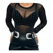 Body Transparente Preto De Tule Moda Noite Brilhoso Strass 