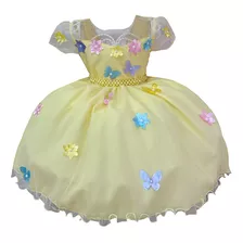 Vestido Infantil Amarelo Princesa Bela Realeza Borboletas 