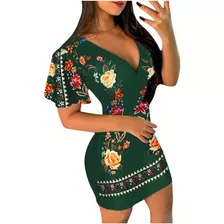 8g Vestido De Mujer Ajustado Con Estampado De Flores Y Cuell