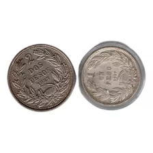 Moneds Histórica Chilena Año 1927 Dos Y Un Peso De Plata