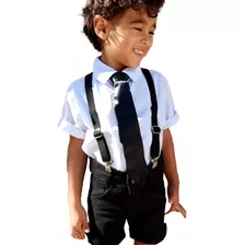 Suspensório + Gravata Infantil Menino Preta Com Regulagem 