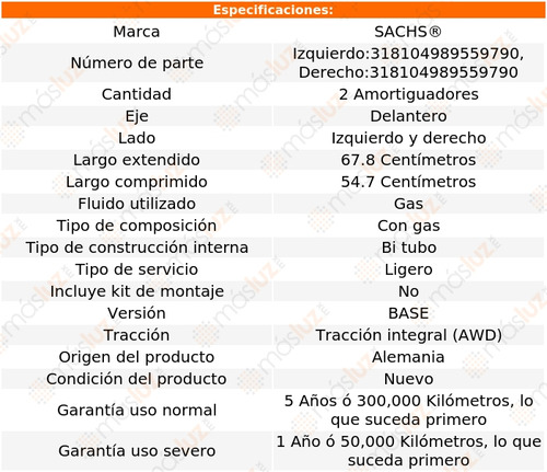 2- Amortiguadores Gas Delanteros S6 V10 5.2l Awd 07/11 Sachs Foto 2