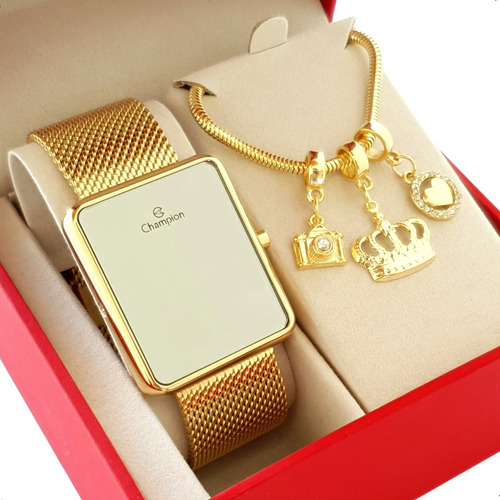 Relógio Dourado Champion Feminino Luxo Original + Pulseira
