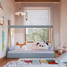 Cama Infantil Cabana Com Colchão Mdf Marrom Madeira Azul