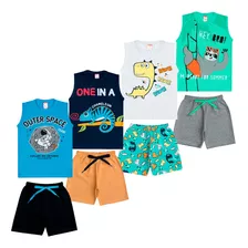 Kit 4 Conjuntinho Roupa Infantil Garoto 4 Bermuda + 4 Regata