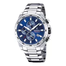 Reloj Pulsera Festina Chrono Sport F20463 De Cuerpo Color Plateado, Analógico, Para Hombre, Fondo Azul, Con Correa De Acero Inoxidable Color Plateado, Agujas Color Plateado, Blanco Y Rojo, Dial Platea