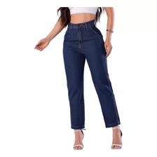 Calça Jeans Feminina Escura Cos Alto Sem Elastano Com Bolso