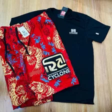 Conjunto Bermuda Cyclone Veludo Vermelho + Camiseta Algodão