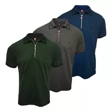 Kit 3 Camisas Polo Piquet Com Abertura Em Zíper Metalizado