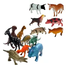 Kit Brinquedos Animais Fazenda Dinossauor 14 Unidades