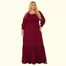 Vestido Longo Rodado Xadrez Moda Feminina Plus Size Multiuso