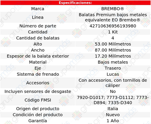 Balatas Bajos Metales Tra Volkswagen Passat 90 Al 05 Brembo Foto 4