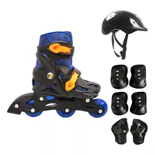 Patins Ajustável C/ Kit De Proteção Azul Infantil Juvenil