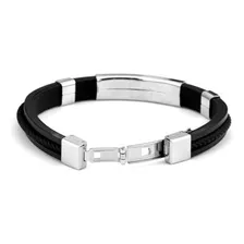 Pulseira Masculina Preta Em Silicone Couro E Aço Inoxidável Comprimento 6 Cm Diâmetro 6 Cm