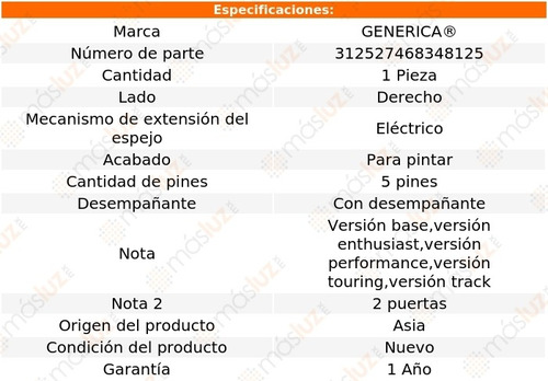 Espejo Der Elect P/pintar C/desemp 5 Pines Nissan 350z 03/09 Foto 2