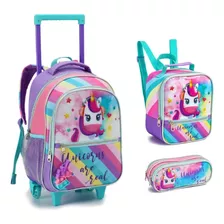 Kit Mochila Escolar Rodinha Infantil Unicórnio Menina Estojo