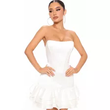 Vestido De Satén Bustier Con Olanes Color Blanco