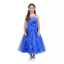 Vestido Niña Fiesta Largo Azul Con Brillos Y Flor Paje Gala