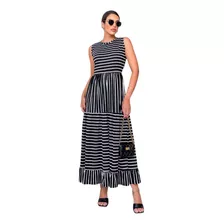 Vestido Longo Listrado Confortável Gola Redonda E Estica