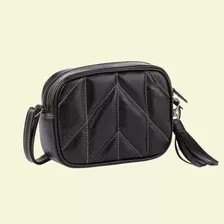 Bolsa Feminina Tiracolo Transversal Zíper Couro Legítimo Cor Preto