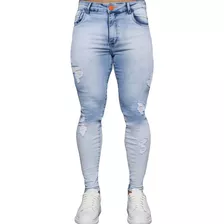 Calça Jeans Masculina Skinny Destroyed Com Detalhes Laterais