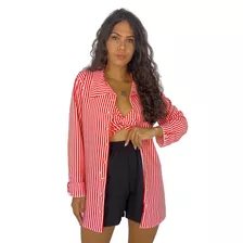 Camisa Blusa E Cropped Listras Risca De Giz Conjunto