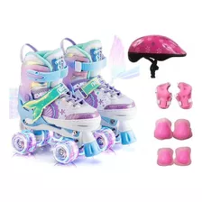 Patins Infantil Sereia Com 4 Rodas Brilhantes Kit Segurança