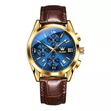 Reloj Olevs Para Hombre, Impermeable, Clásico, De Piel, Casual, Con Fondo Dorado Y Azul