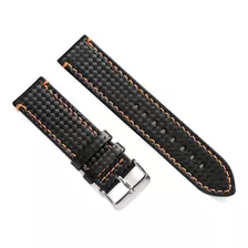 Pulseira Couro Design Fibra Carbono Costura Laranja