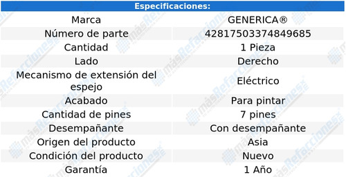 (1) Espejo Der C/desemp 7 Pines Generica Duster 21_22 Foto 2