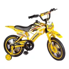 Bicicleta Infantil Moto Cross Aro 14 Amarela Imita Moto 