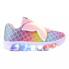 Tênis Feminino Infantil Sereia Velcro Luzinha De Led Pisca