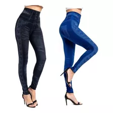  Kit 2 Calça Legging Imita Jeans Femininas Azul E Preto