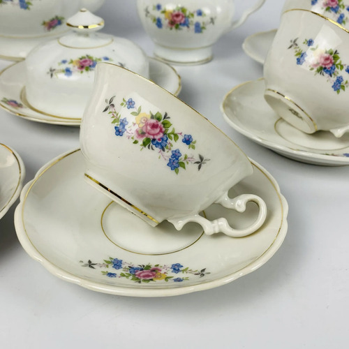 Jogo Chá Porcelana Real Floral Dourado 15 Peças Vintage Branco Florido 3