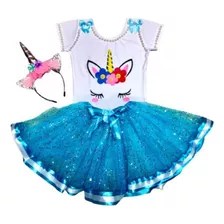 Conjunto Unicórnio Azul Claro Com Tiara E Saia De Tule 